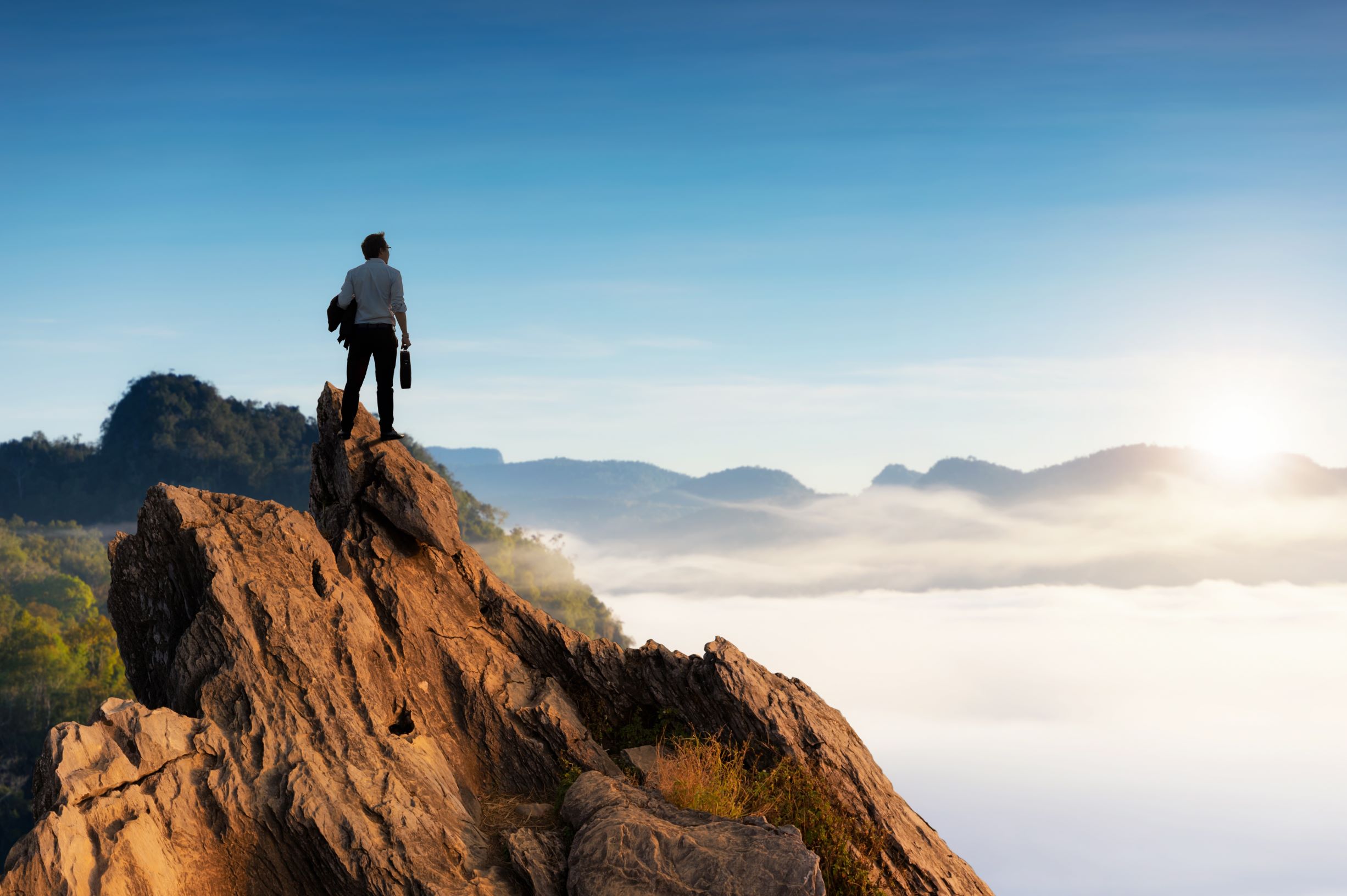 Business guy standing on top of mountain thinking about competitive advantage for integrating solutions